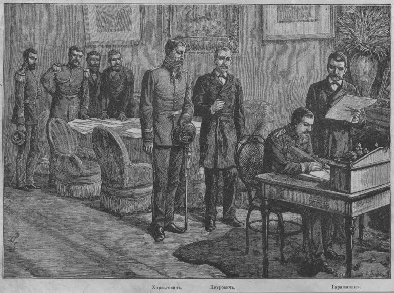 17. Сръбския крал Милан подписва примирие в Ниш, гравюра, публикувана във в-к „Всемирная иллюстрация“, на 5 април 1886 г.